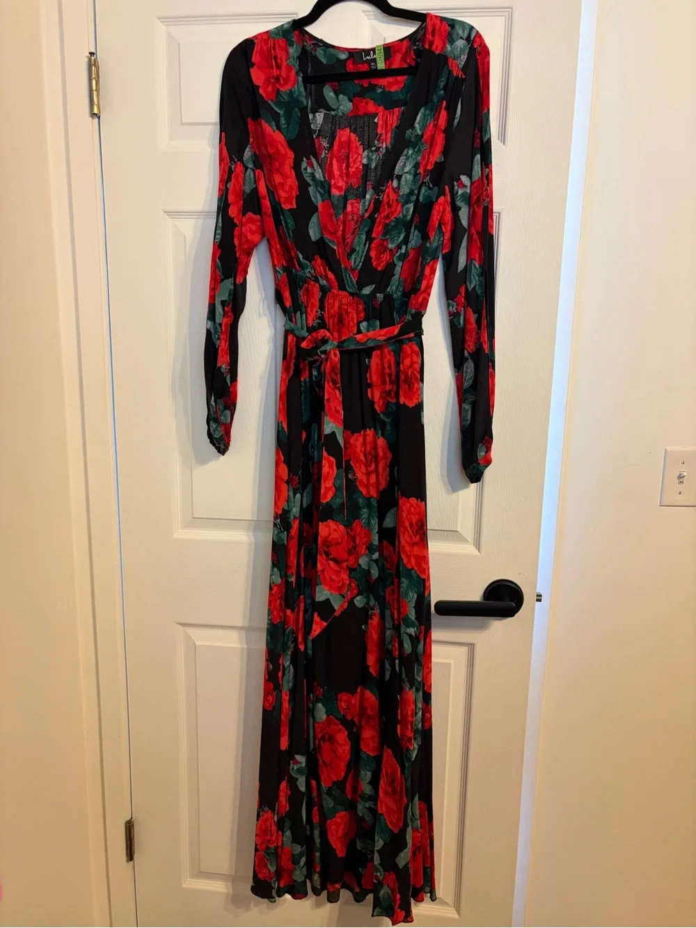 Lulu's Black Maxi Wrap Dress with Red Roses and Green Leaves - Picture 4 of 6